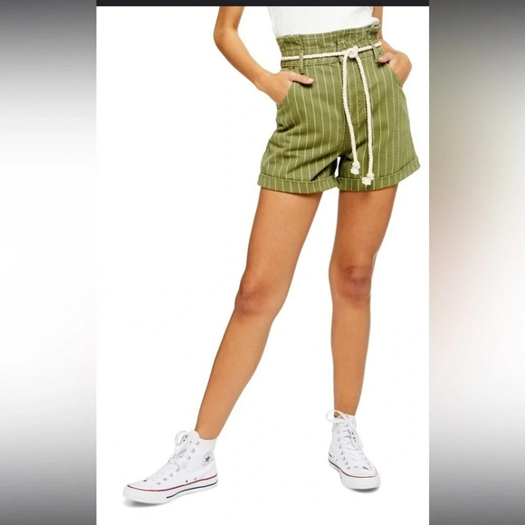 Topshop Green Stripe Paperbag High Waist Shorts high rise 4 new - Picture 5 of 13